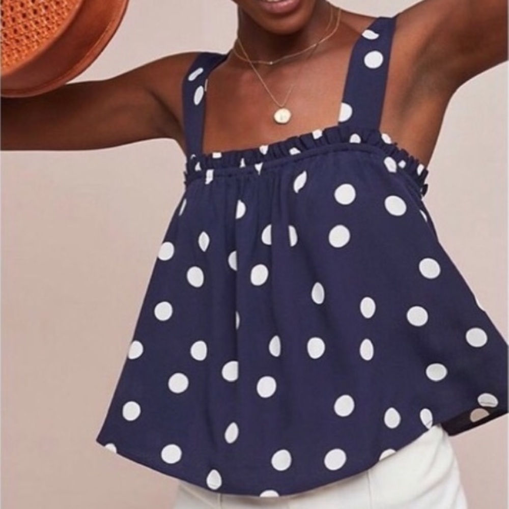 Anthropologie Navy Blue and White Polka Dot Tank Top